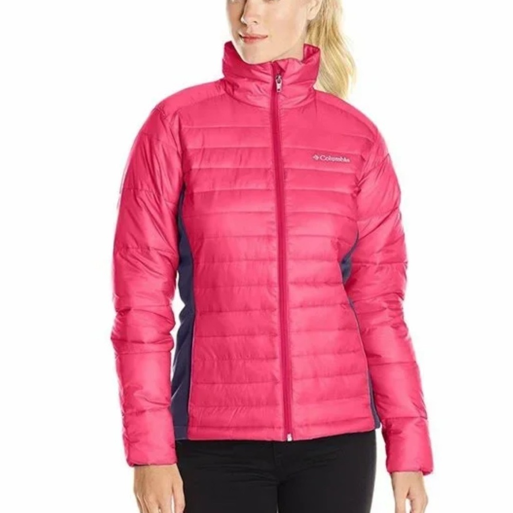 Columbia Women's Hot Pink Puffer Jacket with Navy Side Panels